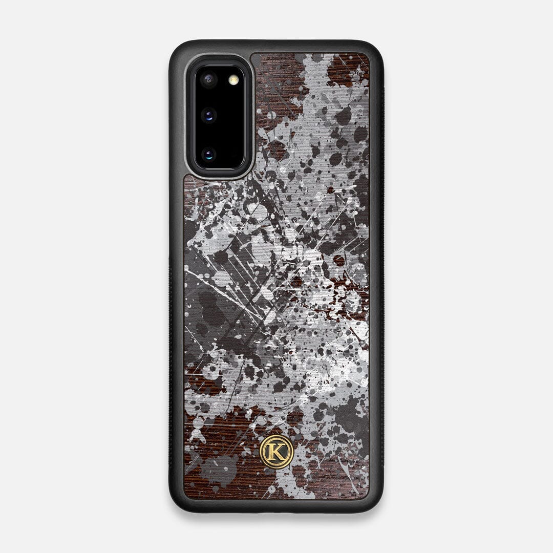 Front view of the aggressive, monochromatic splatter pattern overprintedprinted Wenge Wood Galaxy S20 Case by Keyway Designs