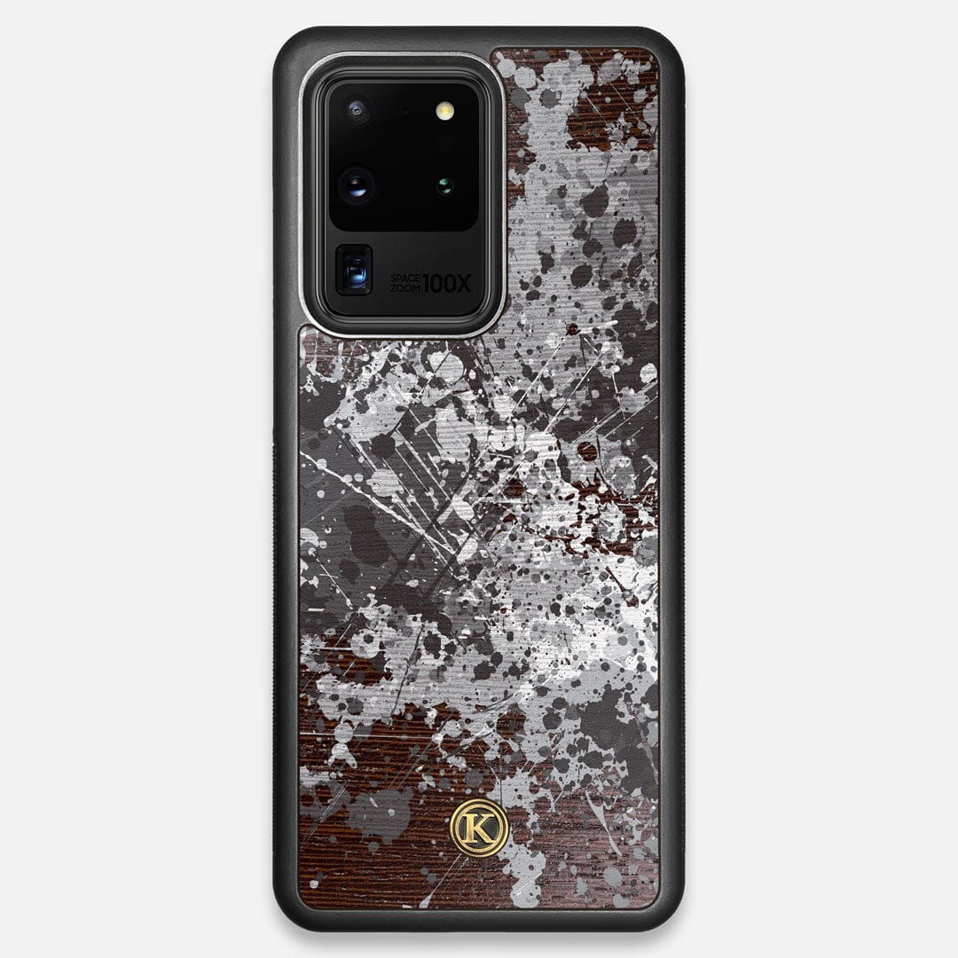 Front view of the aggressive, monochromatic splatter pattern overprintedprinted Wenge Wood Galaxy S20 Ultra Case by Keyway Designs
