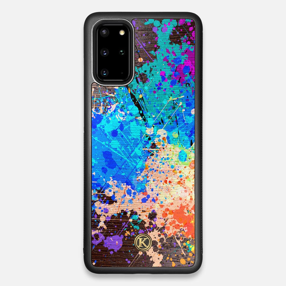 Front view of the realistic paint splatter 'Chroma' printed Wenge Wood Galaxy S20+ Case by Keyway Designs
