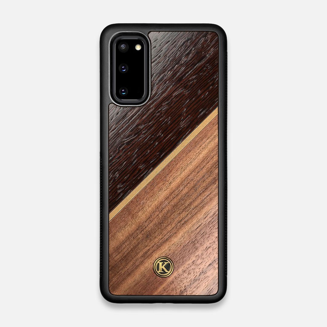 Front view of the Alium Walnut, Gold, and Wenge Elegant Wood Galaxy S20 Case by Keyway Designs
