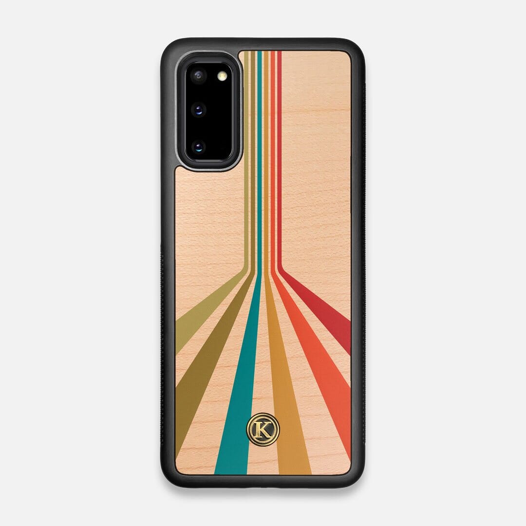 Front view of the array of colour beams splitting across the case printed on Maple wood Galaxy S20 Case by Keyway Designs