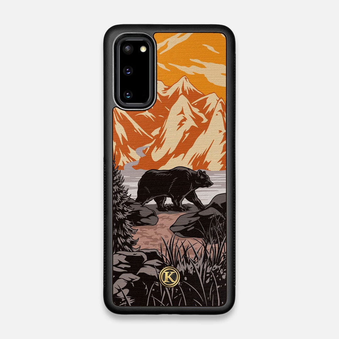 Front view of the stylized Kodiak bear in the mountains print on Wenge wood Galaxy S20 Case by Keyway Designs