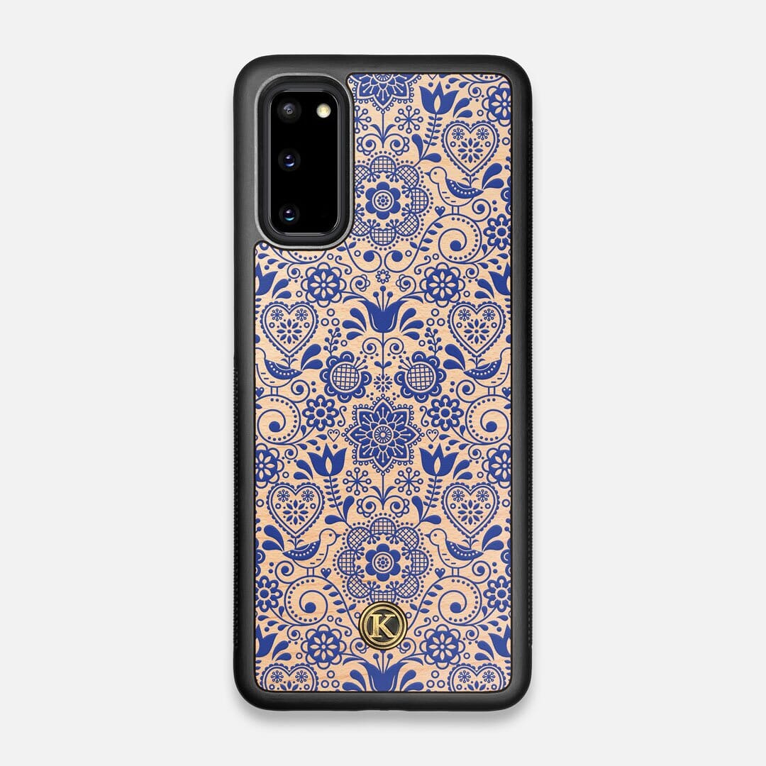 Front view of the blue floral pattern on maple wood Galaxy S20 Case by Keyway Designs