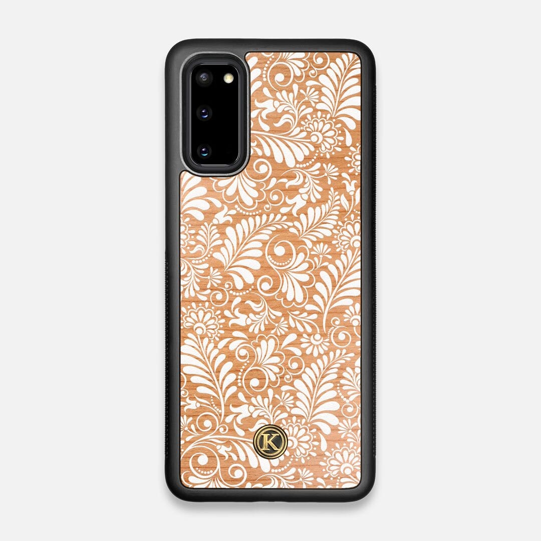 Front view of the white ink flowing botanical print on Cherry wood Galaxy S20 Case by Keyway Designs