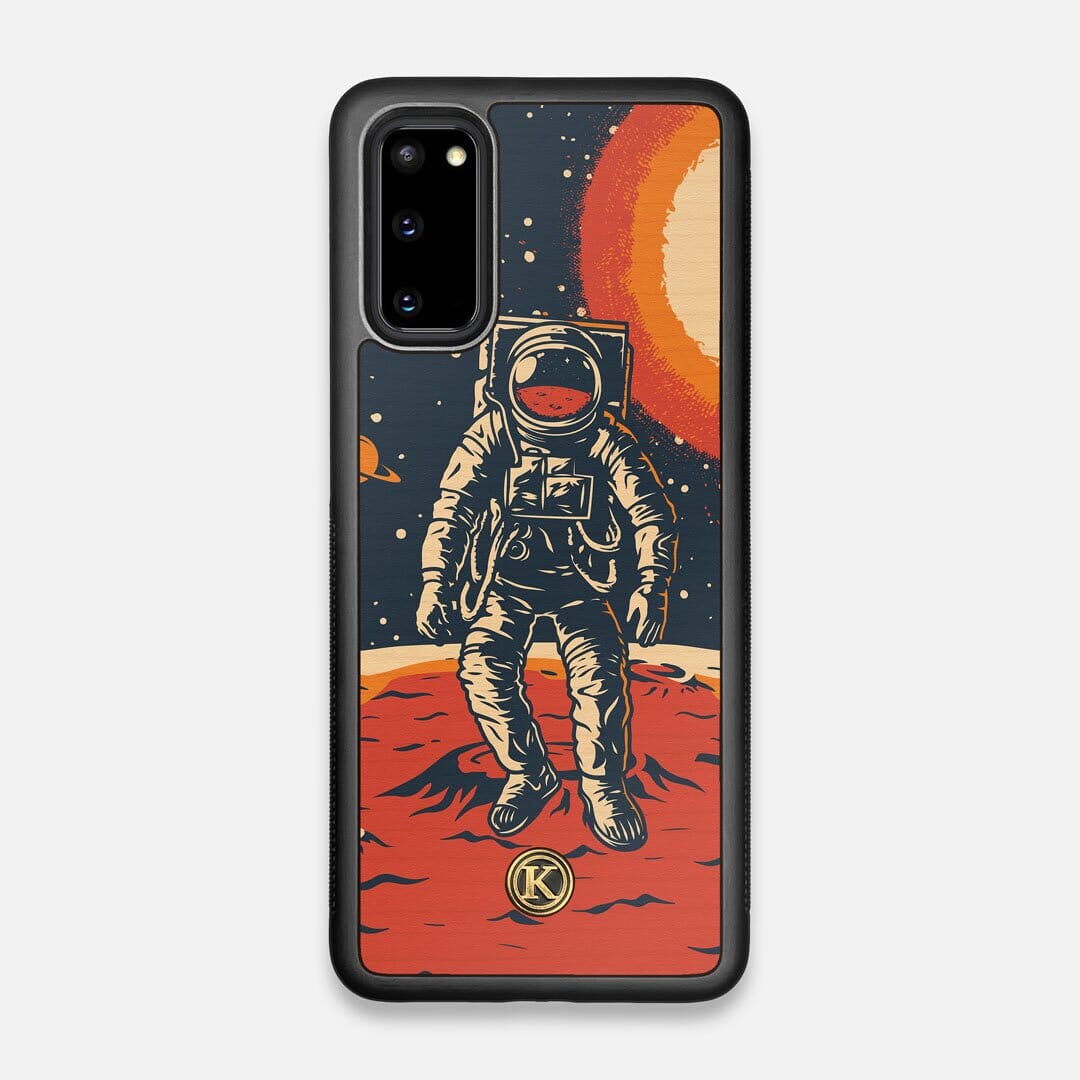 Front view of the stylized astronaut space-walk print on Cherry wood Galaxy S20 Case by Keyway Designs