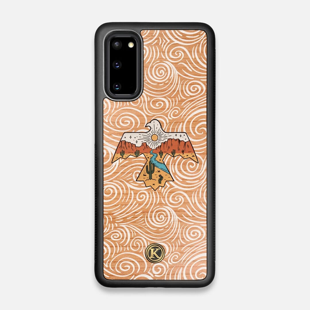 Front view of the double-exposure style eagle over flowing gusts of wind printed on Cherry wood Galaxy S20 Case by Keyway Designs