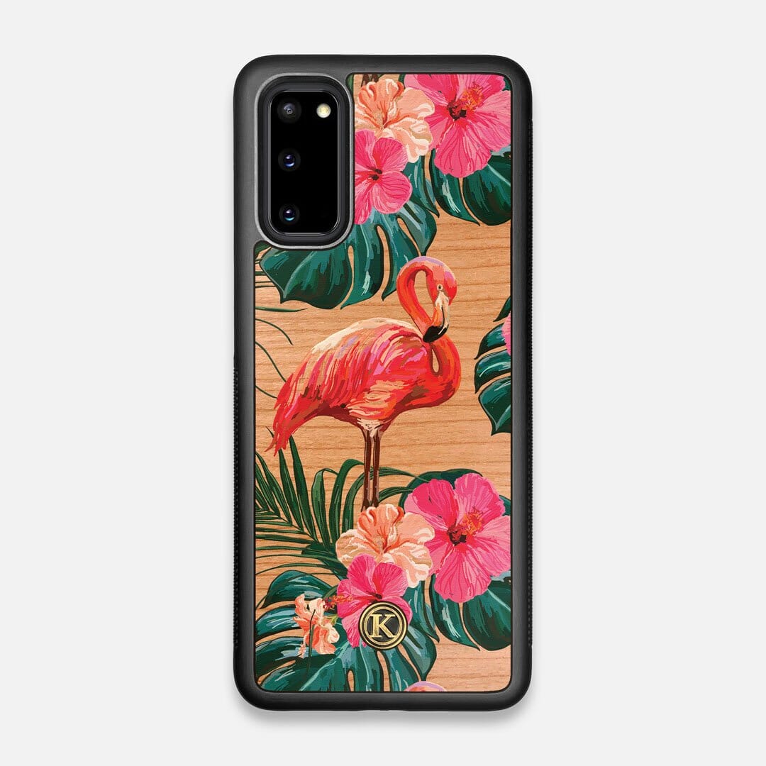 Front view of the Flamingo & Floral printed Cherry Wood Galaxy S20 Case by Keyway Designs
