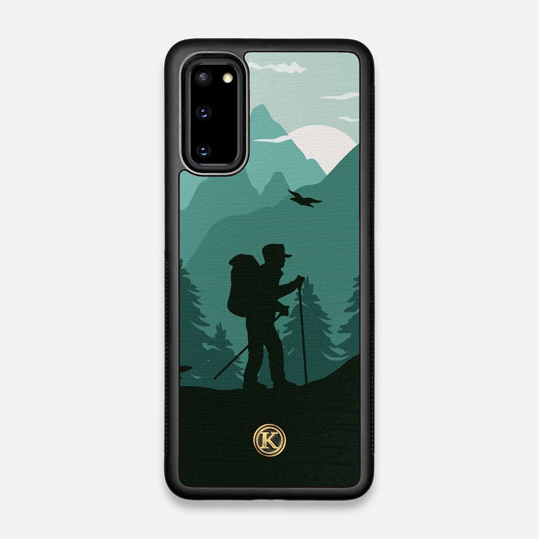 Front view of the stylized mountain hiker print on Wenge wood Galaxy S20 Case by Keyway Designs