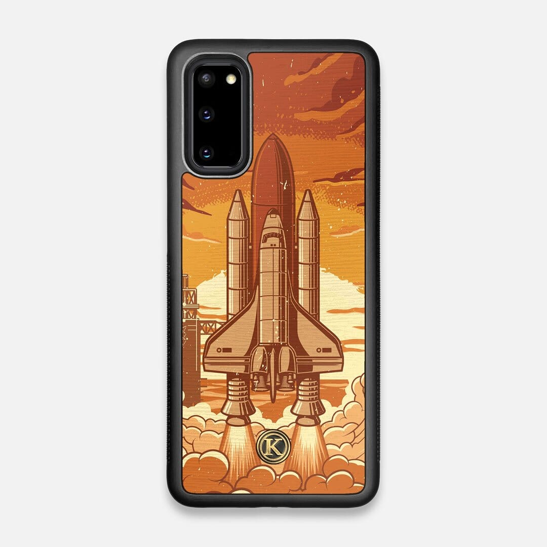 Front view of the vibrant stylized space shuttle launch print on Wenge wood Galaxy S20 Case by Keyway Designs