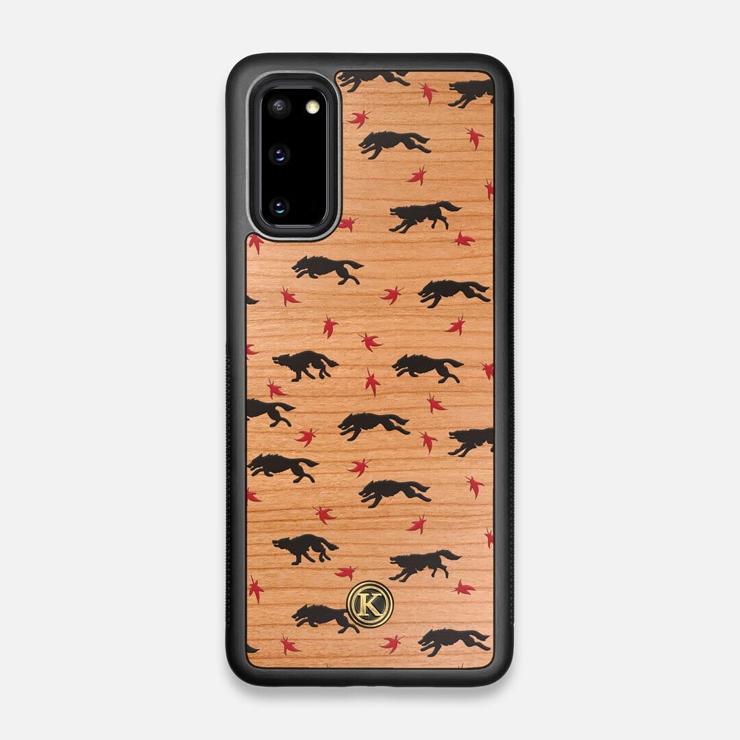 Front view of the unique pattern of wolves and Maple leaves printed on Cherry wood Galaxy S20 Case by Keyway Designs