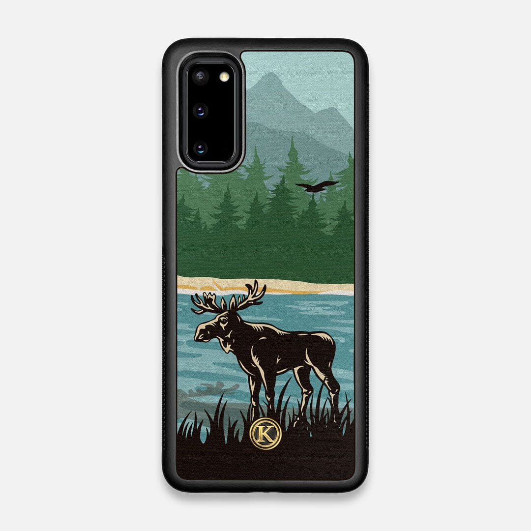 Front view of the stylized bull moose forest print on Wenge wood Galaxy S20 Case by Keyway Designs