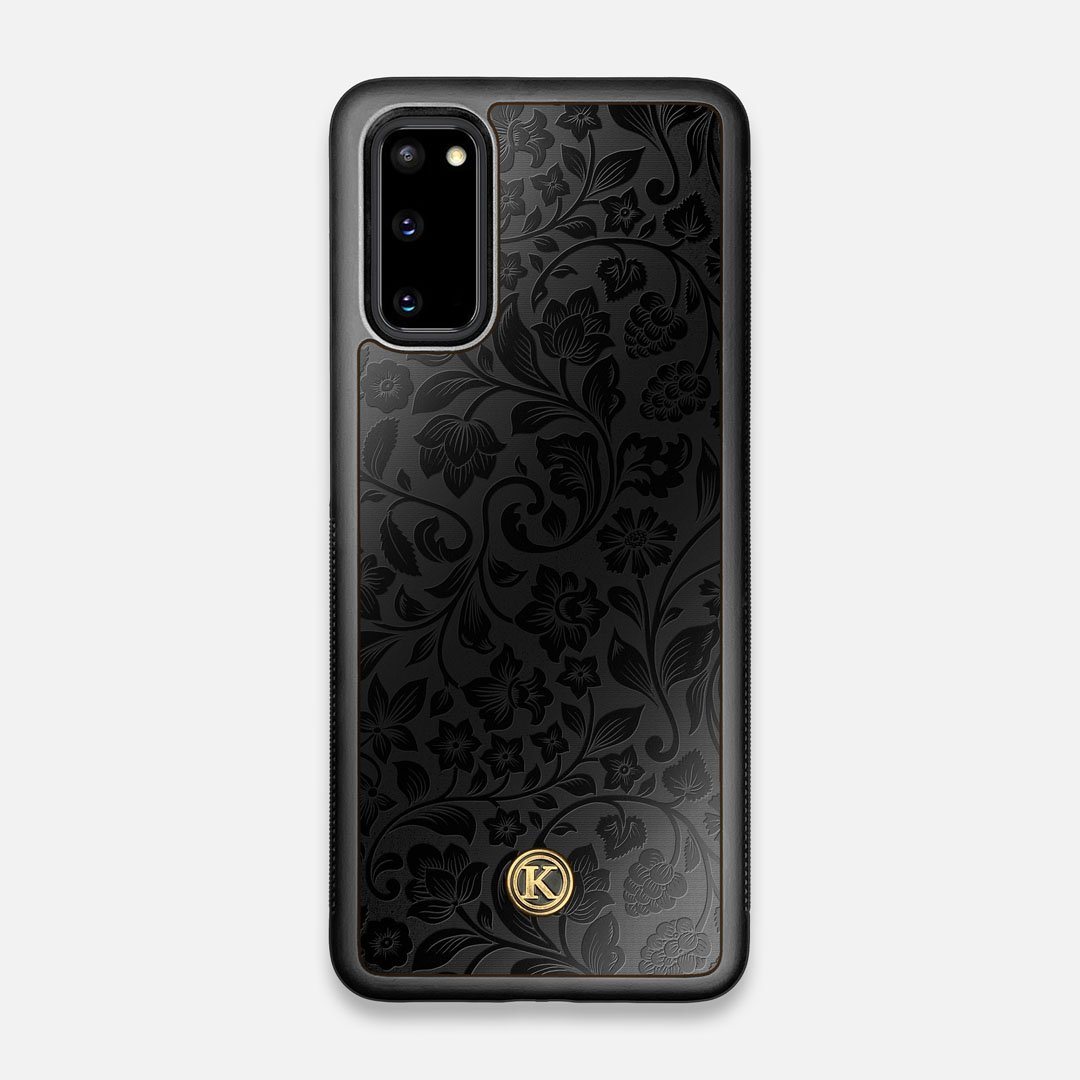 Front view of the highly detailed midnight floral engraving on matte black impact acrylic Galaxy S20 Case by Keyway Designs