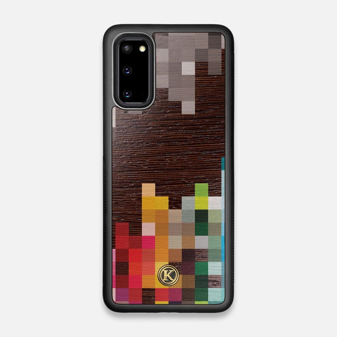 Front view of the digital art inspired pixelation design on Wenge wood Galaxy S20 Case by Keyway Designs