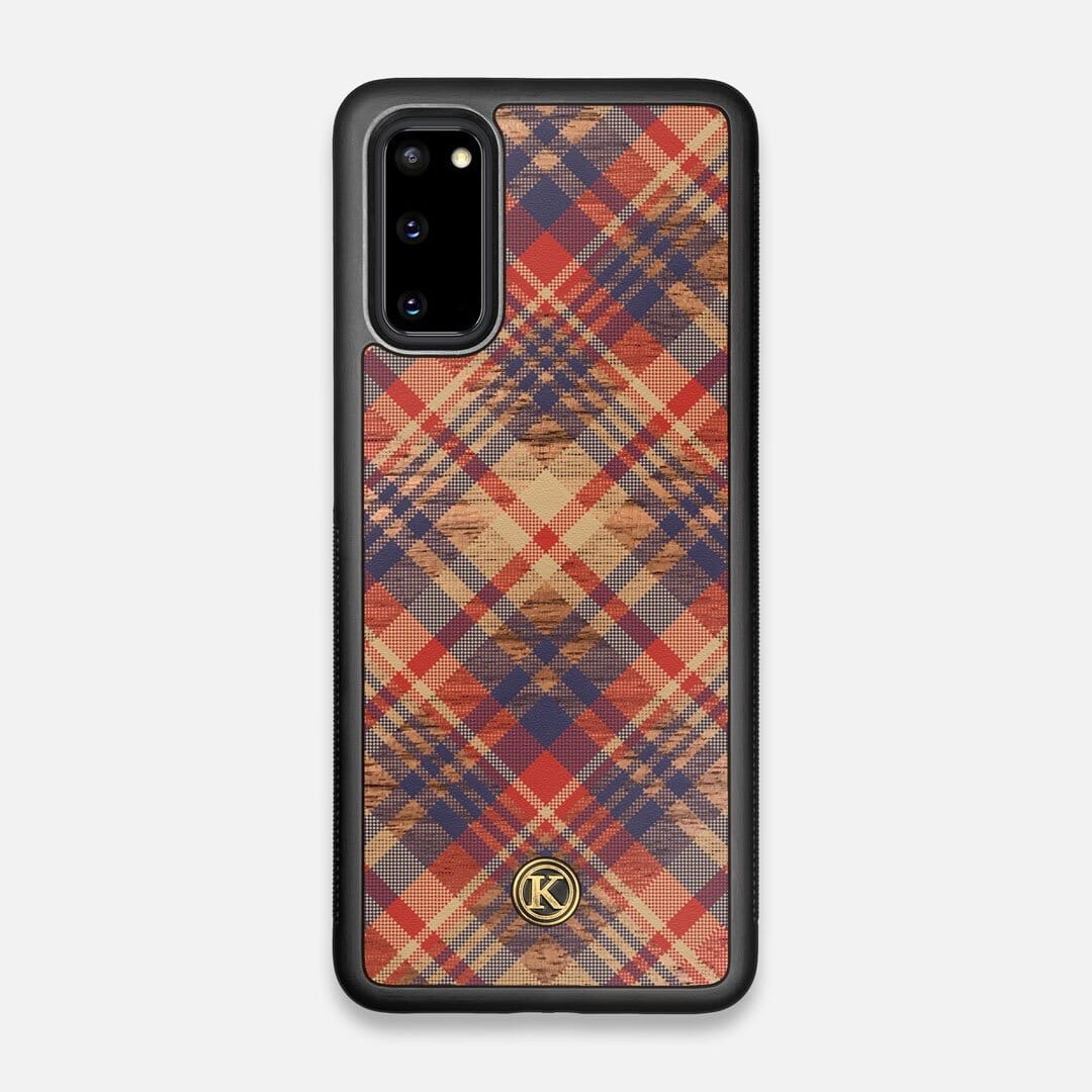 Front view of the Tartan print of beige, blue, and red on Walnut wood Galaxy S20 Case by Keyway Designs