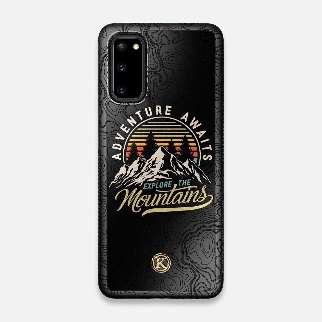 Front view of the crisp topographical map with Explorer badge printed on matte black impact acrylic Galaxy S20 Case by Keyway Designs
