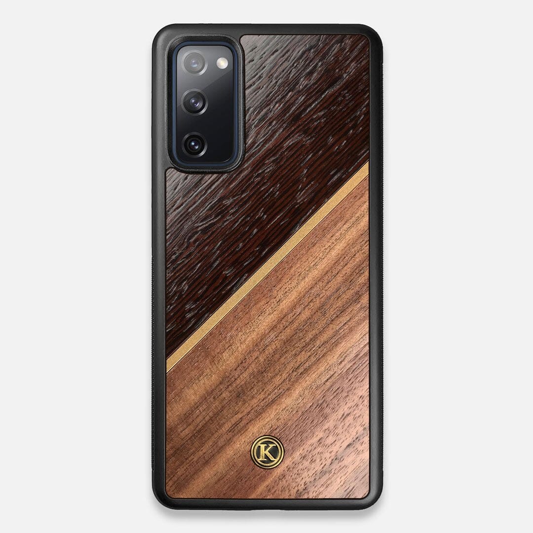 Front view of the Alium Walnut, Gold, and Wenge Elegant Wood Galaxy S20 FE Case by Keyway Designs