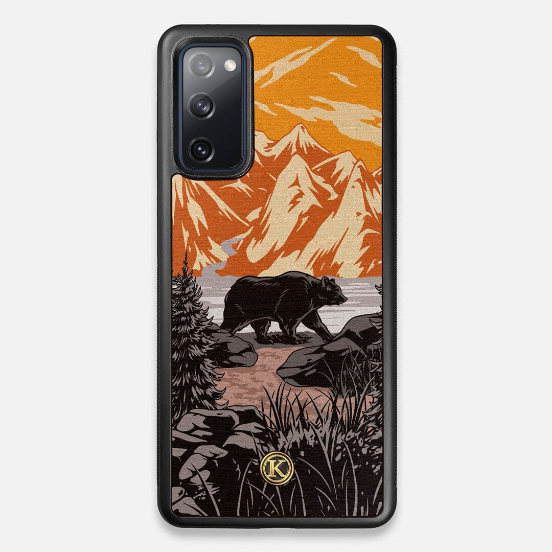 Front view of the stylized Kodiak bear in the mountains print on Wenge wood Galaxy S20 FE Case by Keyway Designs