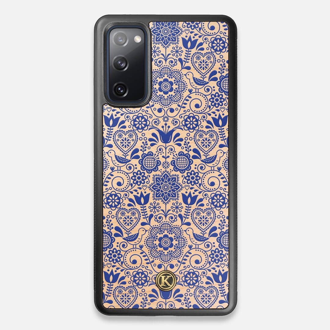 Front view of the blue floral pattern on maple wood Galaxy S20 FE Case by Keyway Designs