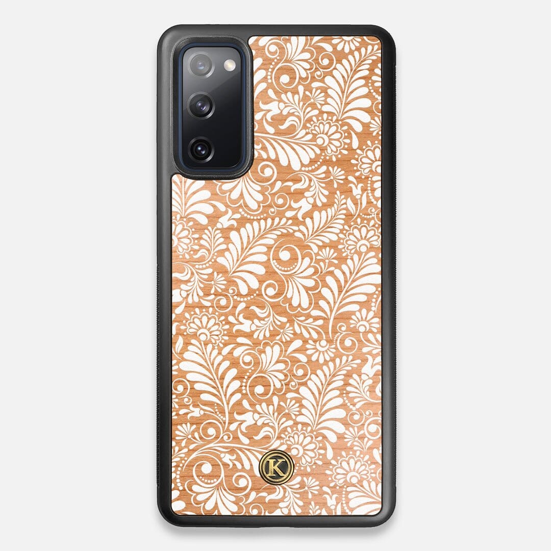 Front view of the white ink flowing botanical print on Cherry wood Galaxy S20 FE Case by Keyway Designs