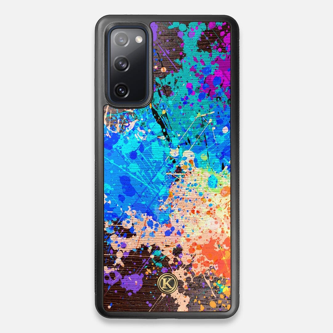 Front view of the realistic paint splatter 'Chroma' printed Wenge Wood Galaxy S20 FE Case by Keyway Designs