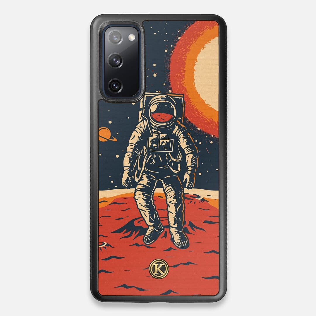 Front view of the stylized astronaut space-walk print on Cherry wood Galaxy S20 FE Case by Keyway Designs