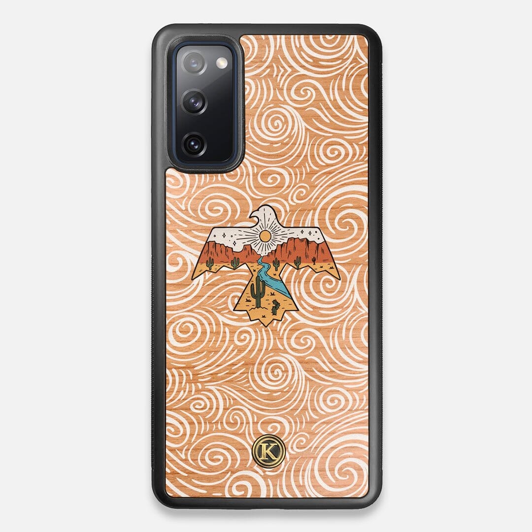 Front view of the double-exposure style eagle over flowing gusts of wind printed on Cherry wood Galaxy S20 FE Case by Keyway Designs
