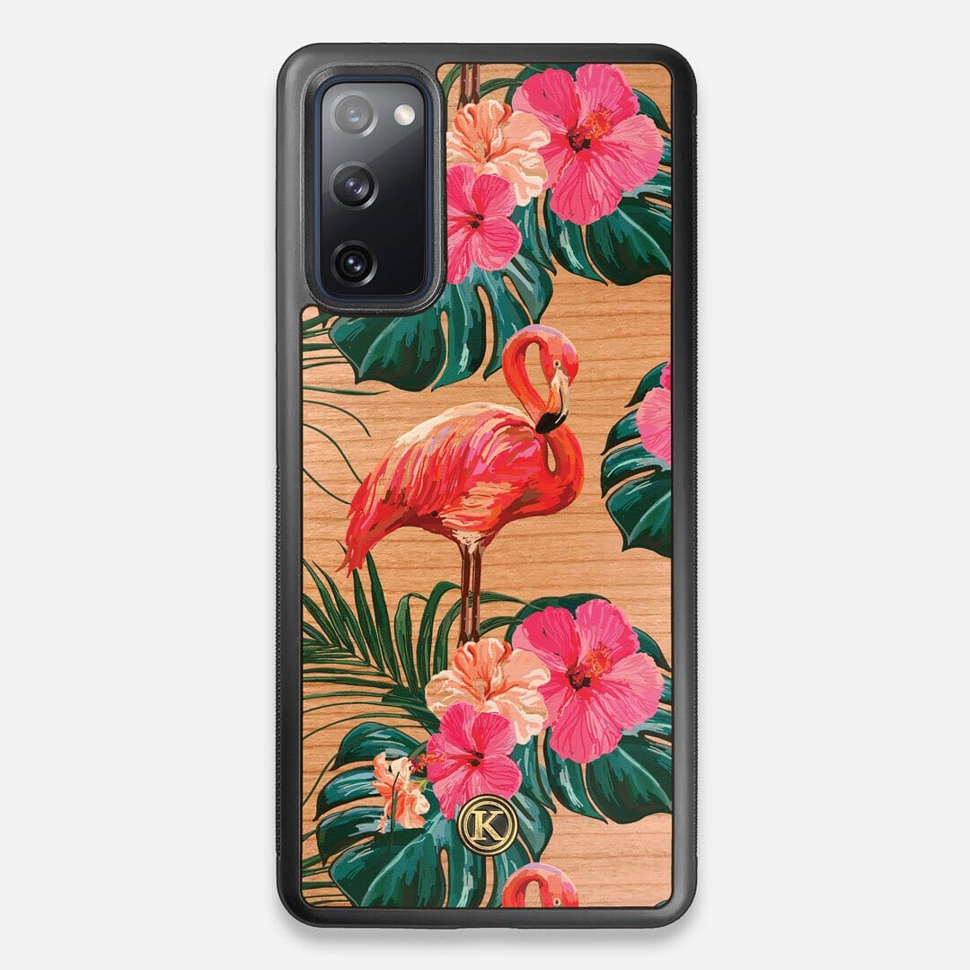Front view of the Flamingo & Floral printed Cherry Wood Galaxy S20 FE Case by Keyway Designs