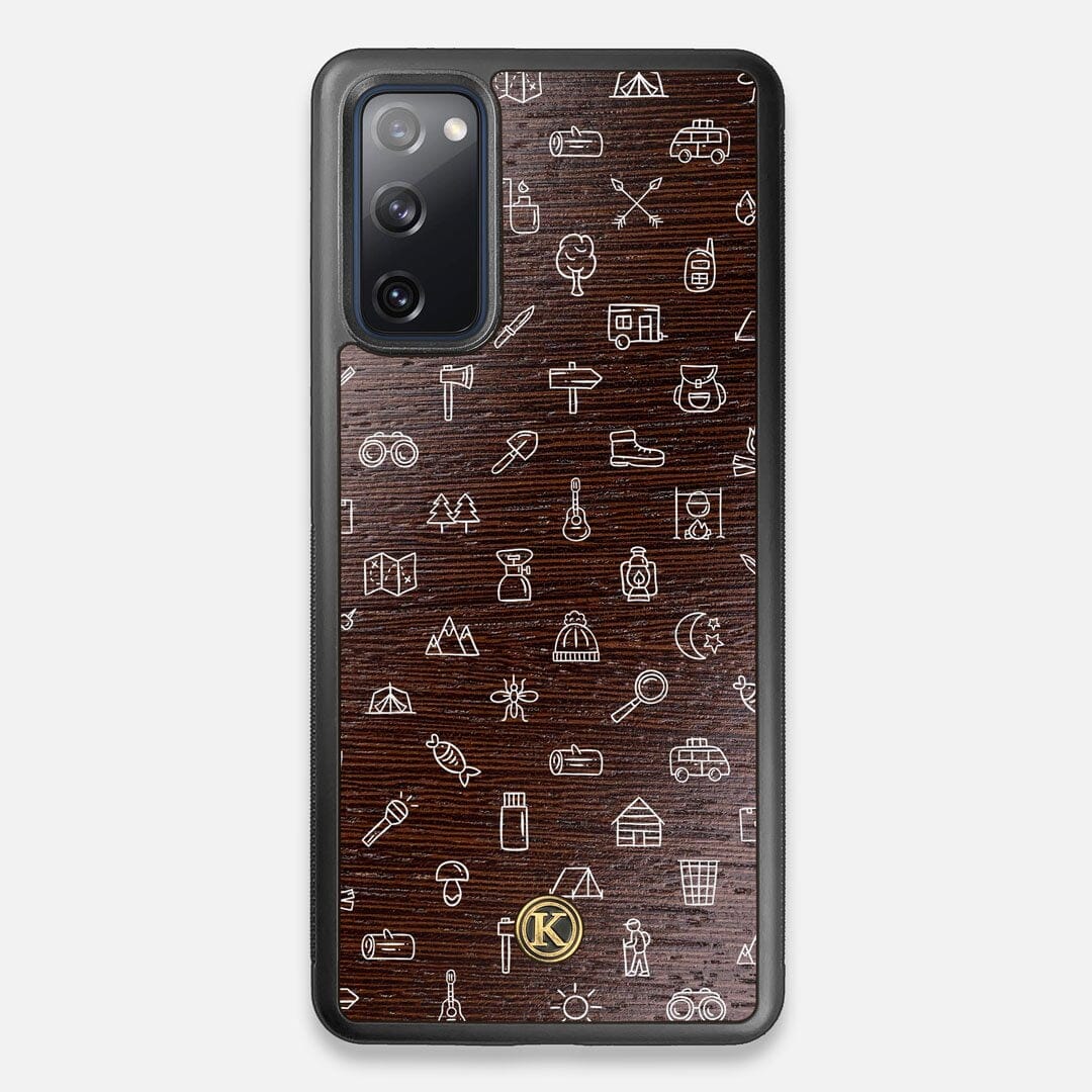 Front view of the fun detailed camping icon print on Wenge wood Galaxy S20 FE Case by Keyway Designs