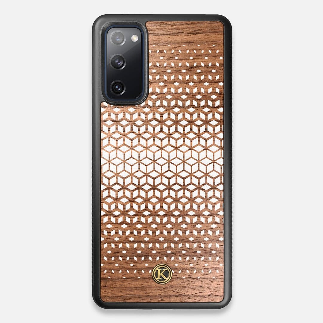 Front view of the white ink geometric gradient printed on Walnut wood Galaxy S20 FE Case by Keyway Designs