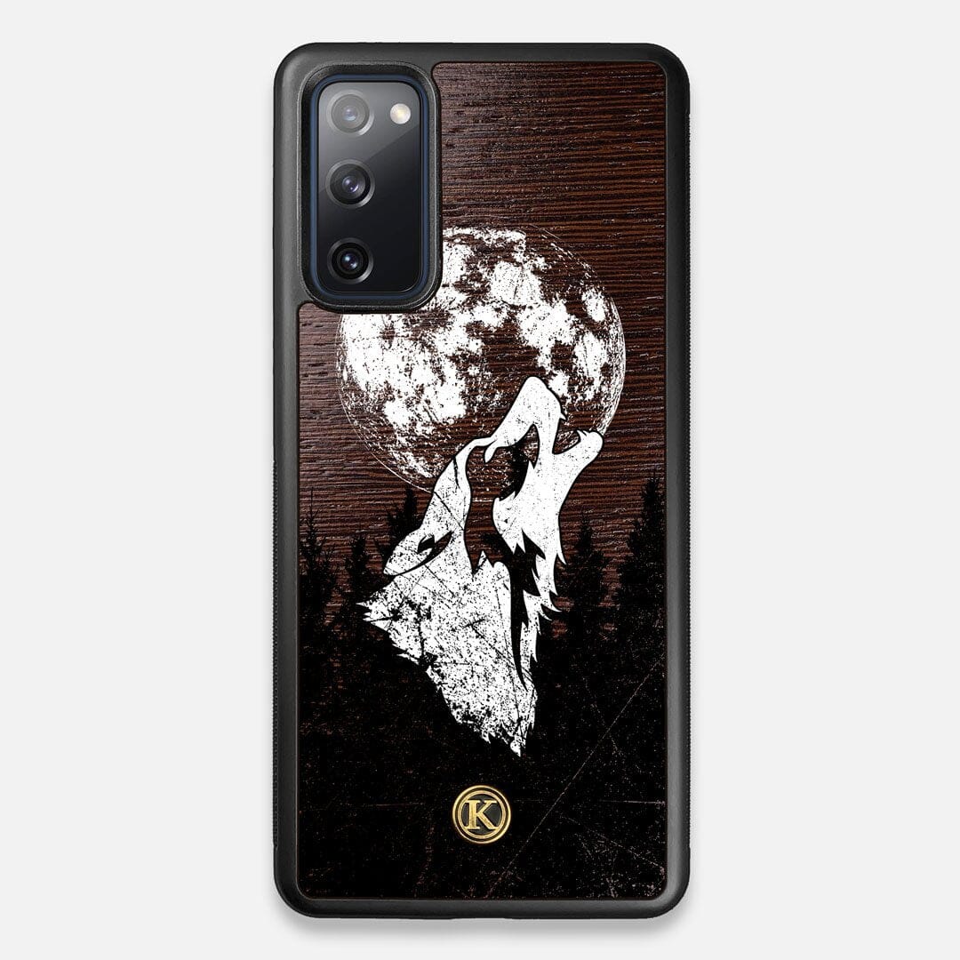 Front view of the high-contrast howling wolf on a full moon printed on a Wenge Wood Galaxy S20 FE Case by Keyway Designs