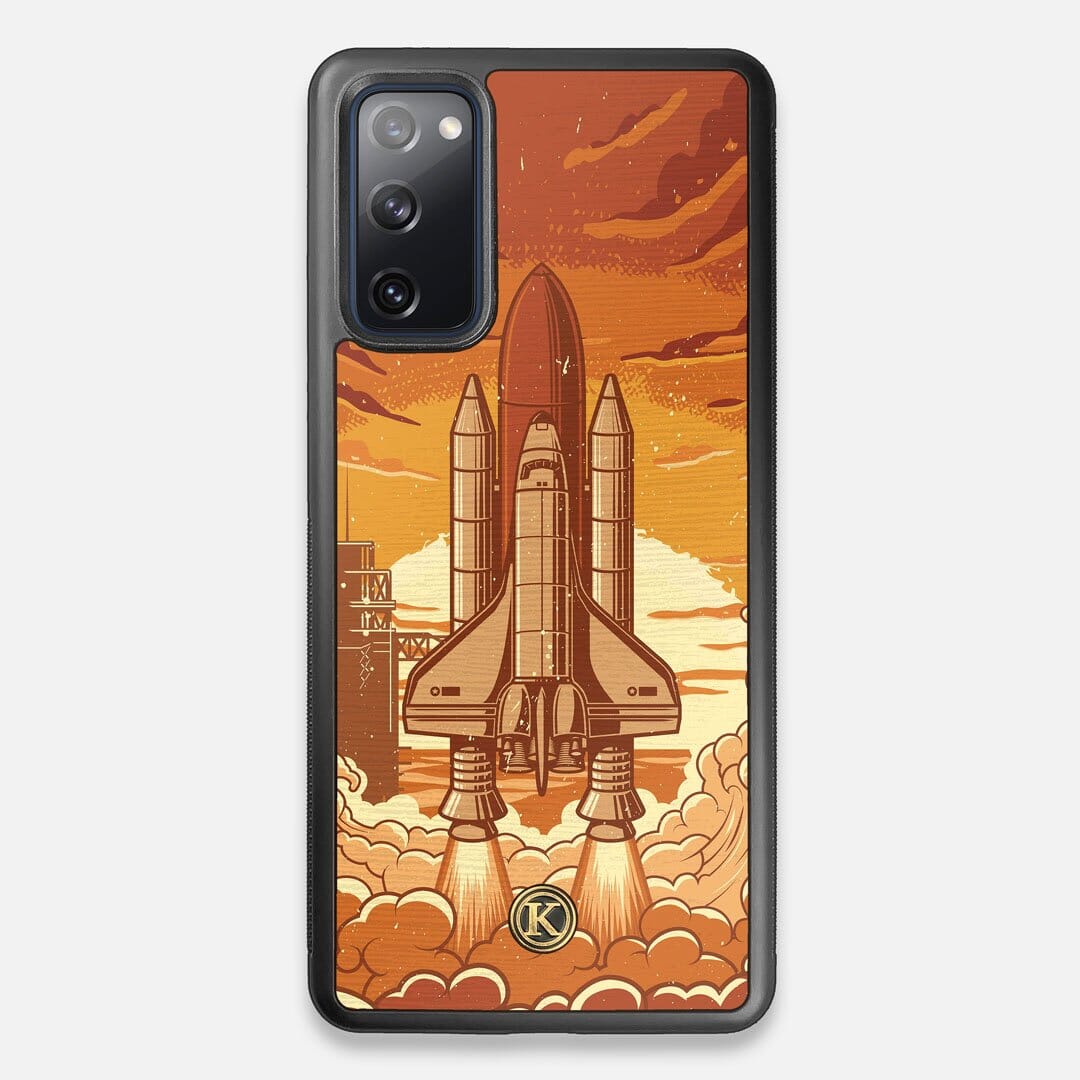 Front view of the vibrant stylized space shuttle launch print on Wenge wood Galaxy S20 FE Case by Keyway Designs