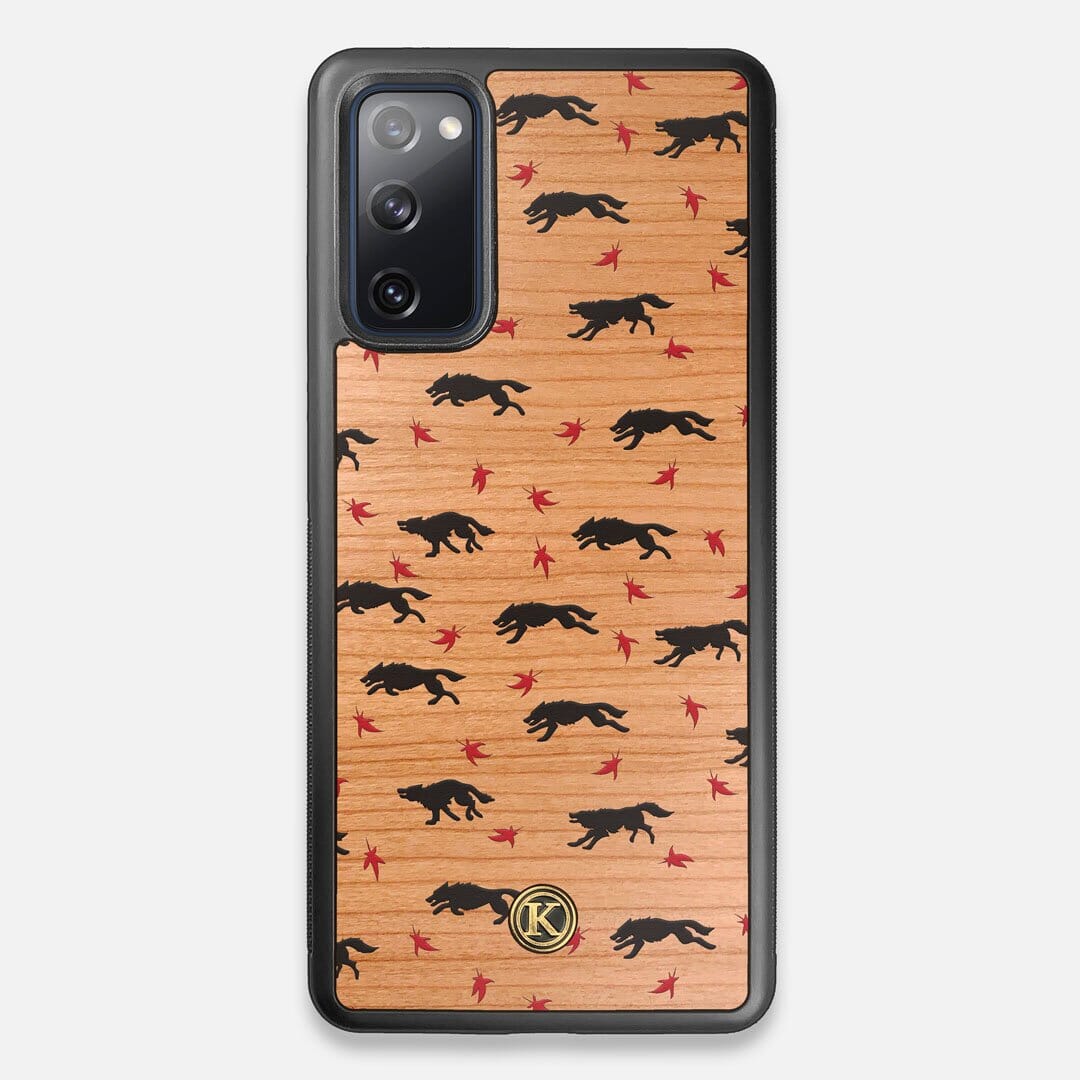 Front view of the unique pattern of wolves and Maple leaves printed on Cherry wood Galaxy S20 FE Case by Keyway Designs