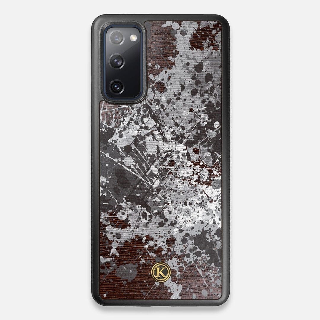 Front view of the aggressive, monochromatic splatter pattern overprintedprinted Wenge Wood Galaxy S20 FE Case by Keyway Designs