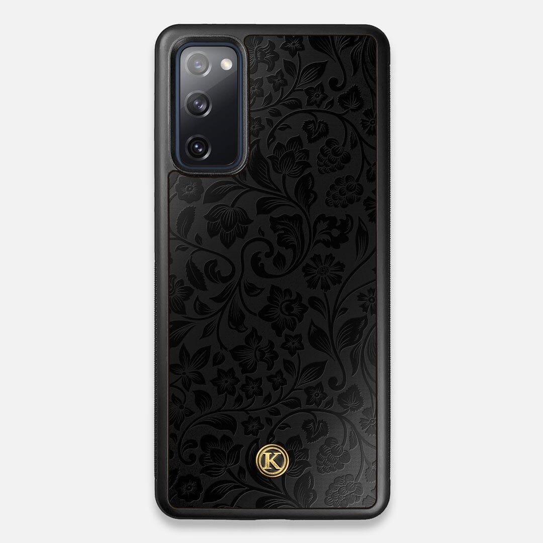 Front view of the highly detailed midnight floral engraving on matte black impact acrylic Galaxy S20 FE Case by Keyway Designs