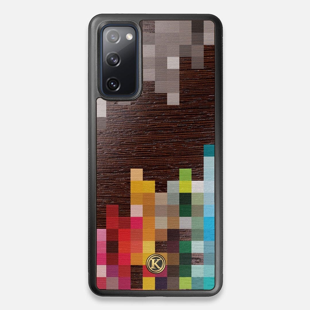 Front view of the digital art inspired pixelation design on Wenge wood Galaxy S20 FE Case by Keyway Designs