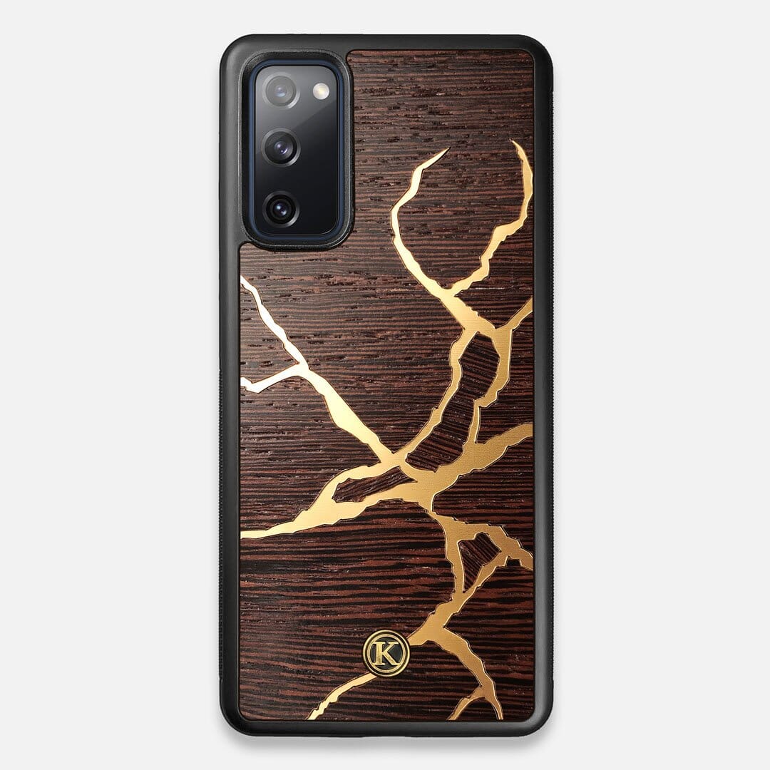 Front view of the Kintsugi inspired Gold and Wenge Wood Galaxy S20 FE Case by Keyway Designs