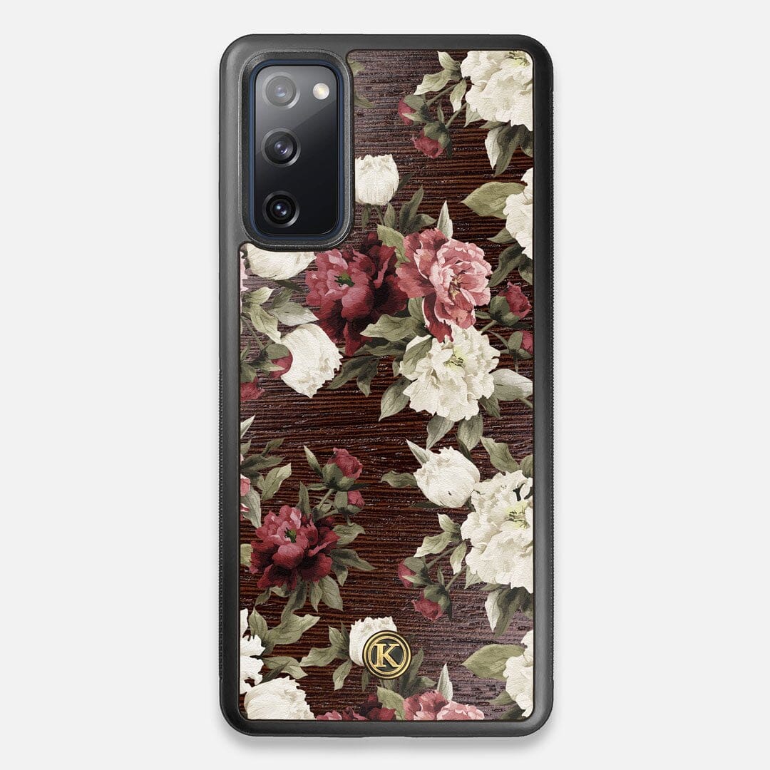 Front view of the Rose white and red rose printed Wenge Wood Galaxy S20 FE Case by Keyway Designs