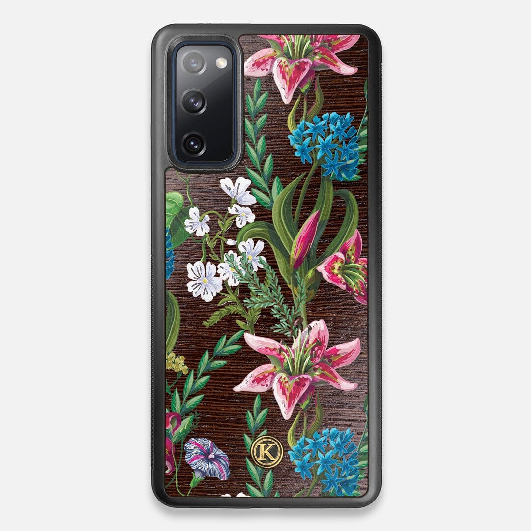 Front view of the Stargazer Lily printed Wenge Wood Galaxy S20 FE Case by Keyway Designs
