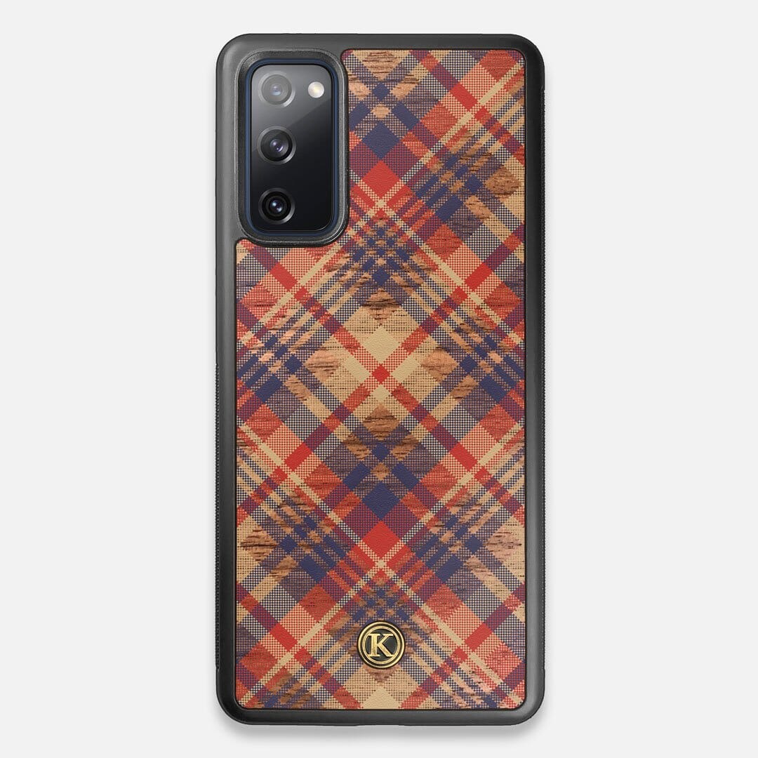 Front view of the Tartan print of beige, blue, and red on Walnut wood Galaxy S20 FE Case by Keyway Designs