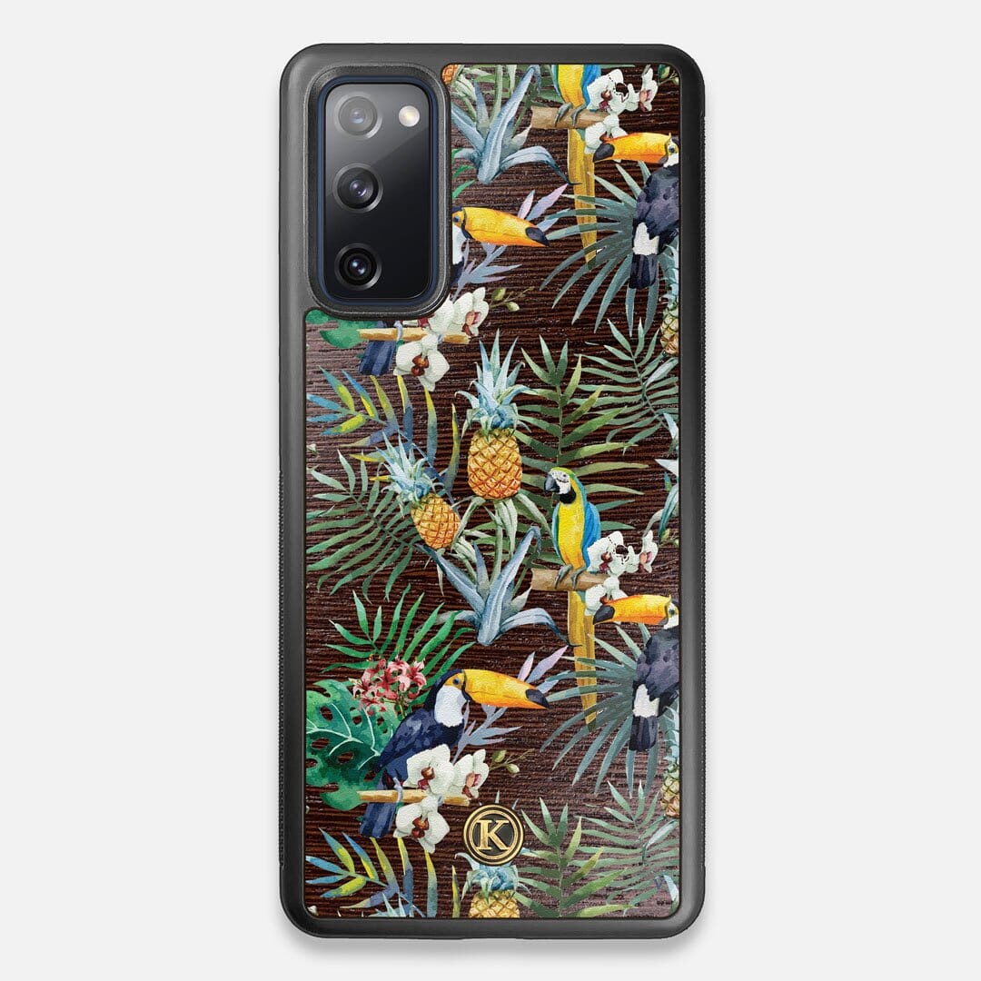 Front view of the Tropic Toucan and leaf printed Wenge Wood Galaxy S20 FE Case by Keyway Designs
