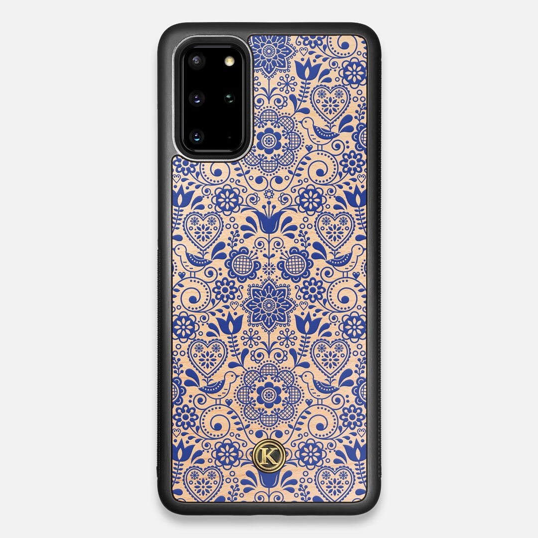 Front view of the blue floral pattern on maple wood Galaxy S20+ Case by Keyway Designs