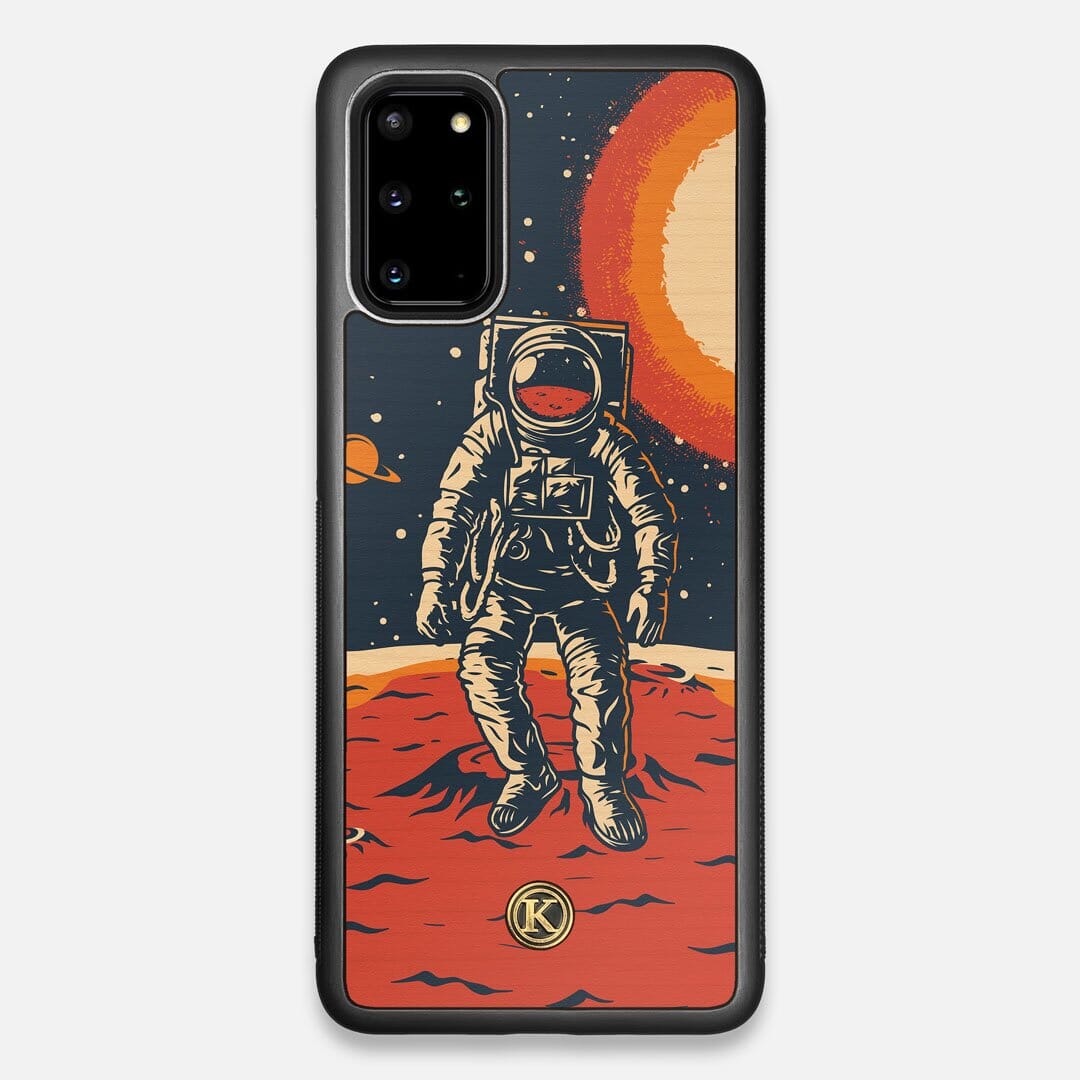 Front view of the stylized astronaut space-walk print on Cherry wood Galaxy S20+ Case by Keyway Designs