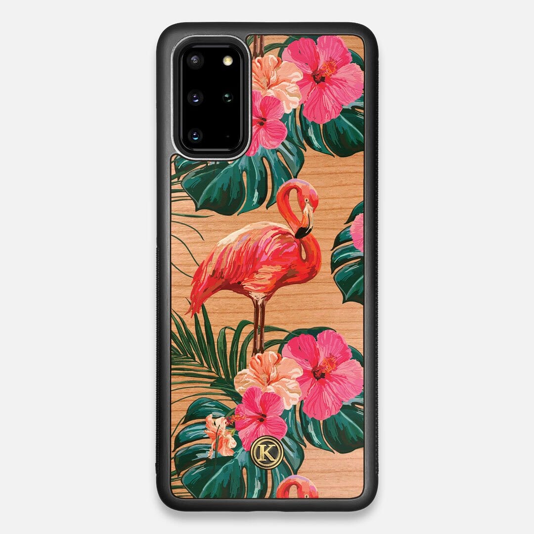 Front view of the Flamingo & Floral printed Cherry Wood Galaxy S20+ Case by Keyway Designs