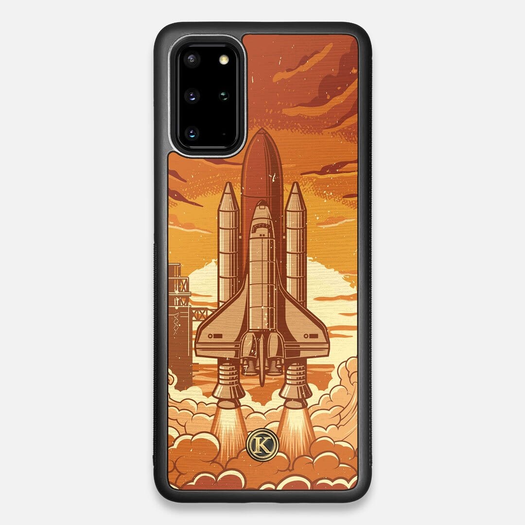 Front view of the vibrant stylized space shuttle launch print on Wenge wood Galaxy S20+ Case by Keyway Designs