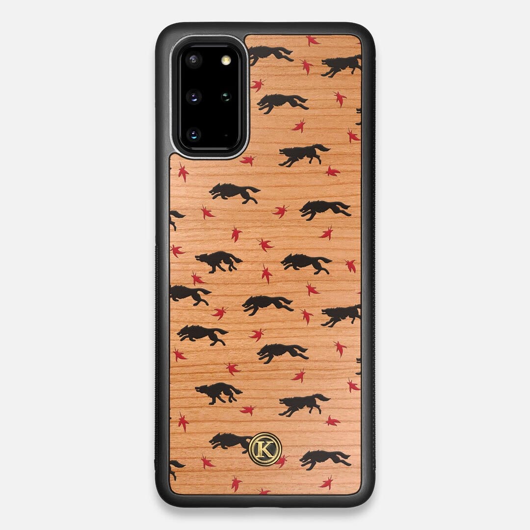 Front view of the unique pattern of wolves and Maple leaves printed on Cherry wood Galaxy S20+ Case by Keyway Designs