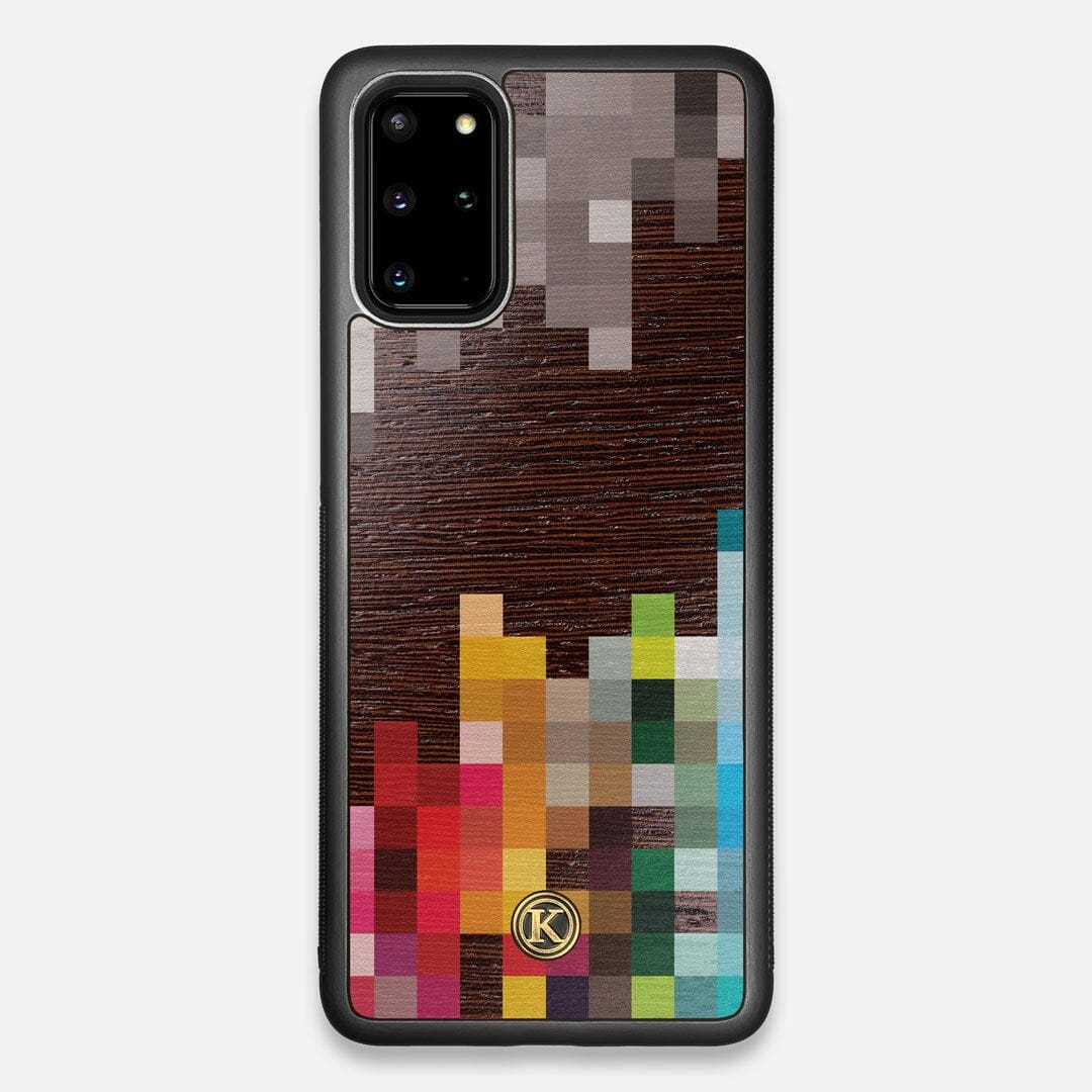Front view of the digital art inspired pixelation design on Wenge wood Galaxy S20+ Case by Keyway Designs