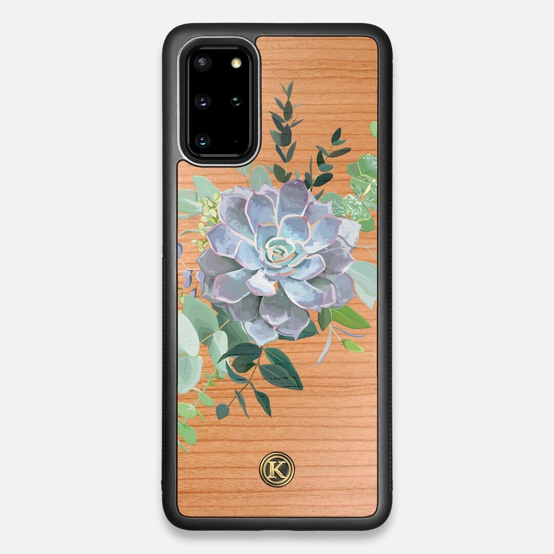 Front view of the print centering around a succulent, Echeveria Pollux on Cherry wood Galaxy S20+ Case by Keyway Designs