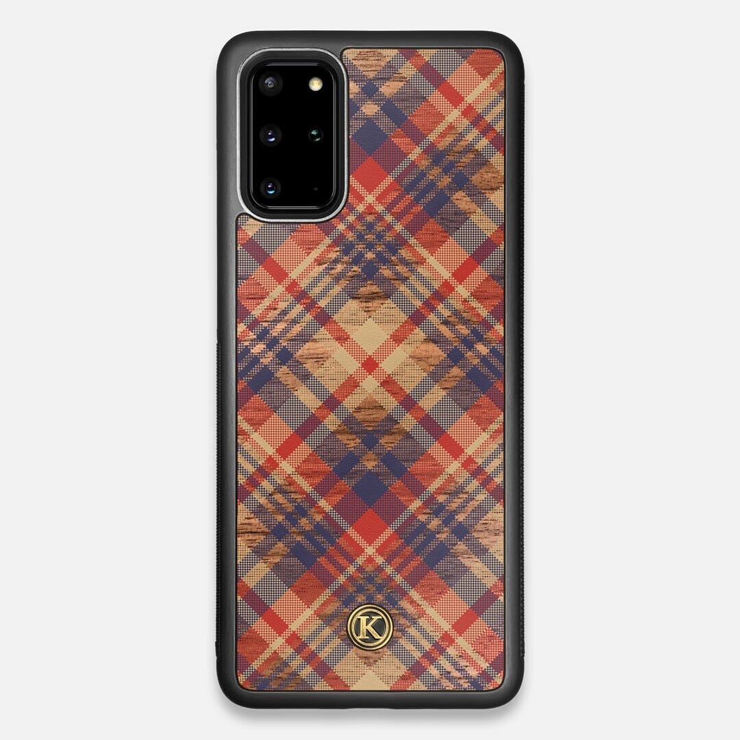 Front view of the Tartan print of beige, blue, and red on Walnut wood Galaxy S20+ Case by Keyway Designs