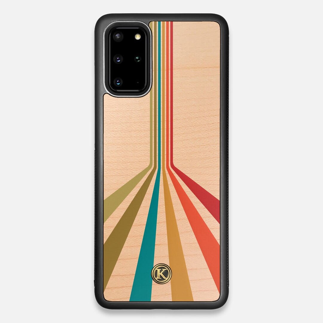 Front view of the array of colour beams splitting across the case printed on Maple wood Galaxy S20+ Case by Keyway Designs