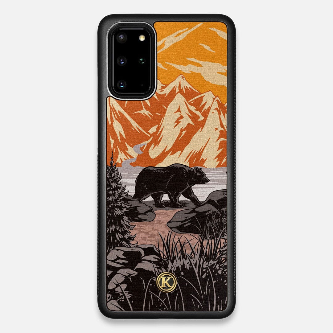 Front view of the stylized Kodiak bear in the mountains print on Wenge wood Galaxy S20+ Case by Keyway Designs